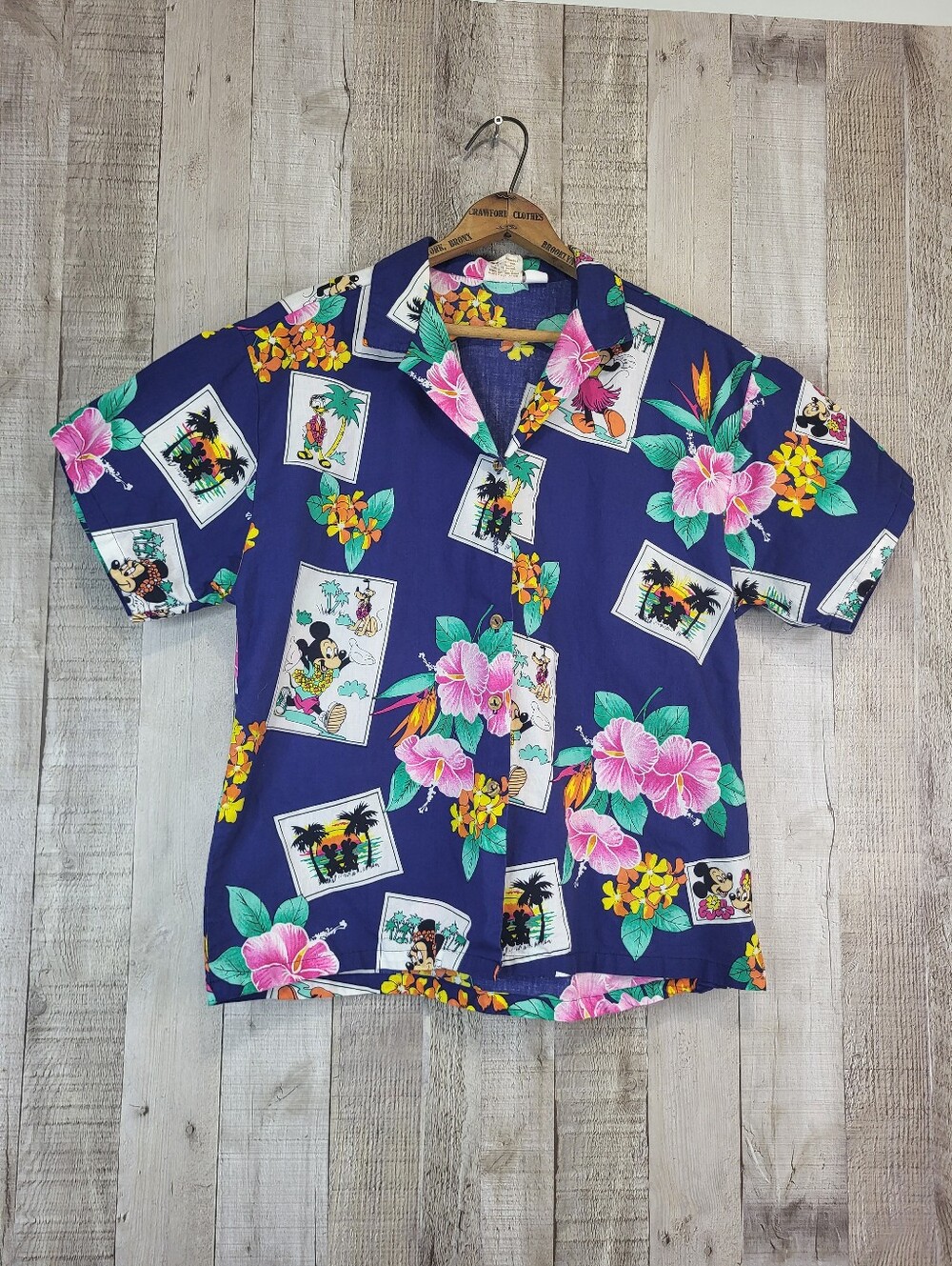 Vintage Mickey Hawaiian Floral Shirt - Purple with Pink & Yellow Flowers